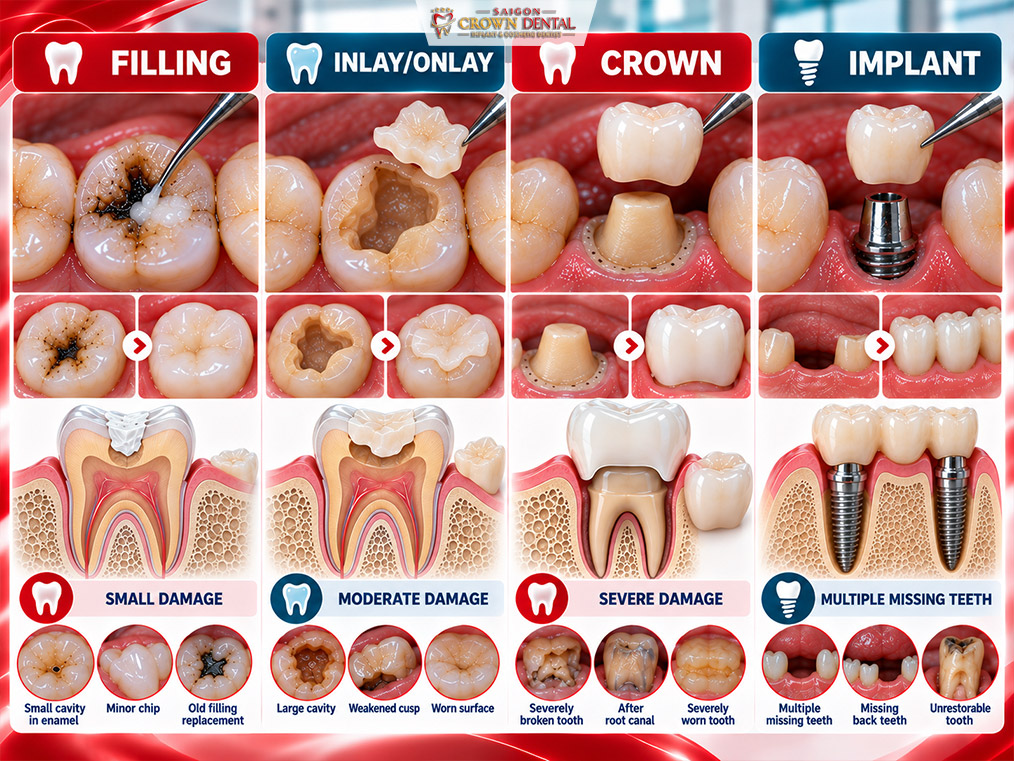Filling vs. Inlay/Onlay vs. Crown vs. Implant