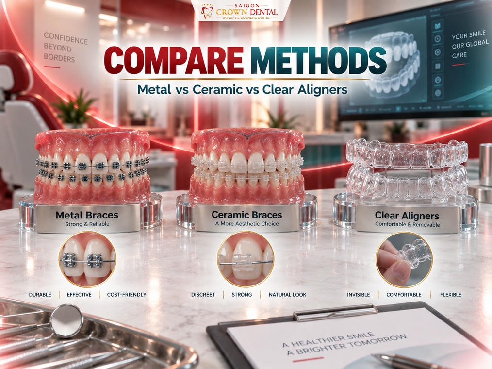 So sánh Invisalign, mắc cài kim loại và mắc cài sứ