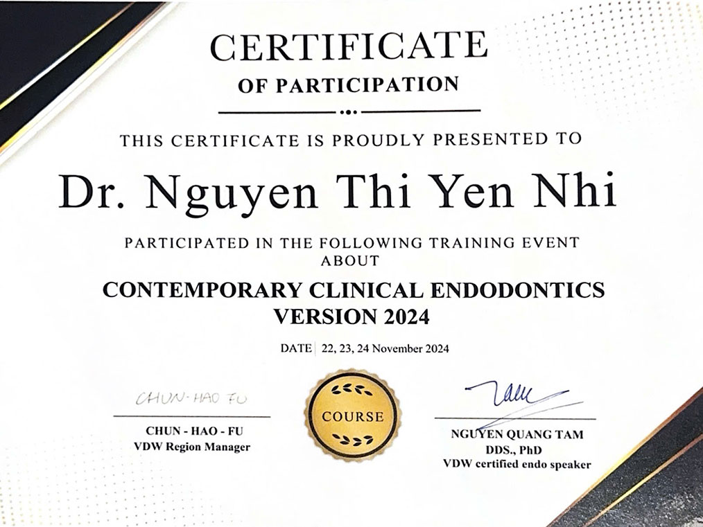 Endodontics Training Certificate - Dr. Nguyen Thi Yen Nhi