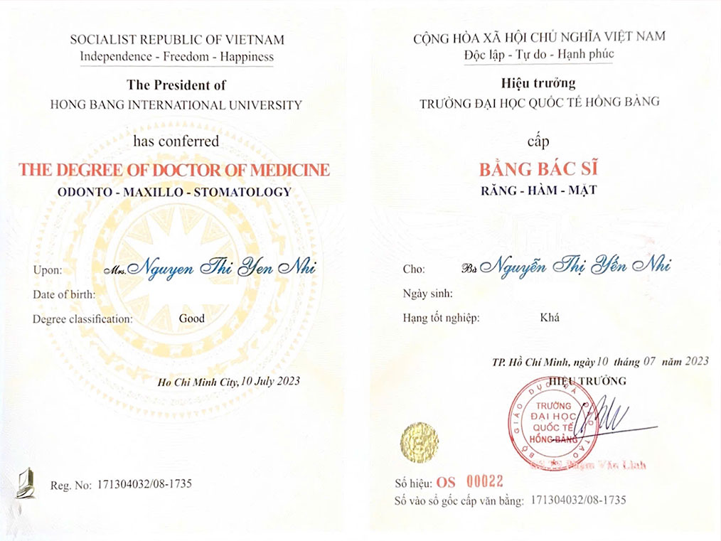 Bằng Bác sĩ Răng - Hàm - Mặt - Bác sĩ Nguyễn Thị Yến Nhi