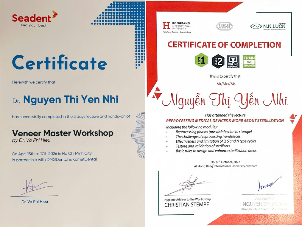 Dr. Nguyen Thi Yen Nhi Veneer Workshop & Sterilization Certificates