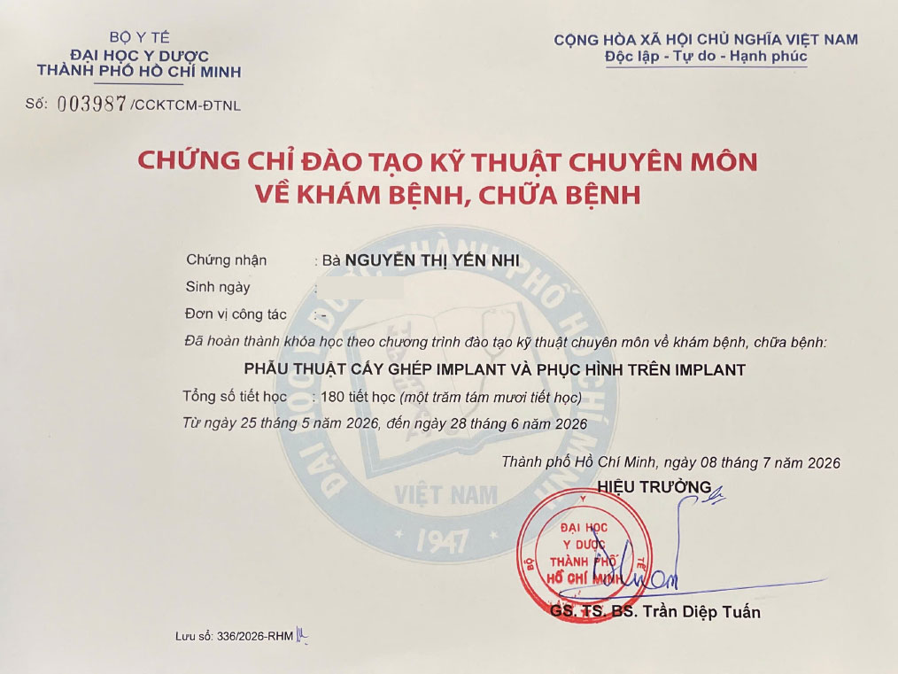 Dental Implant Training Certificate - Dr. Nguyen Thi Yen Nhi